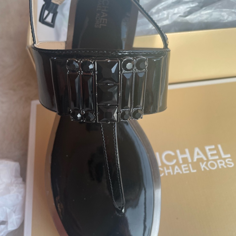 New Michael Kors Black Patent Sandals with Embellishments